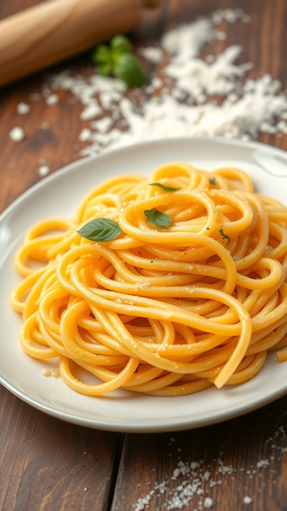 Homemade Noodles Recipe A plate of golden homemade noodles garnished with herbs on a rustic wooden table.